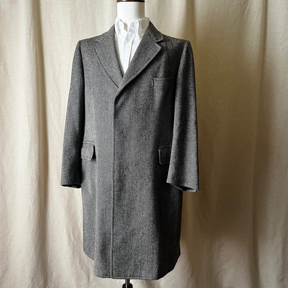 Vintage Wool Herringbone Coat Gray Tailored Minimalist Overcoat Size L